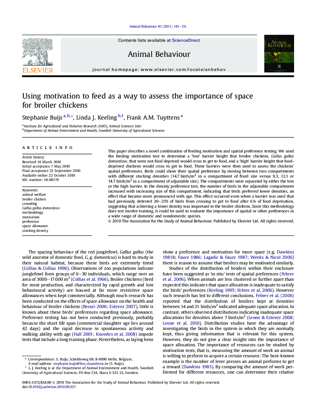 Using motivation to feed as a way to assess the importance of space for broiler chickens