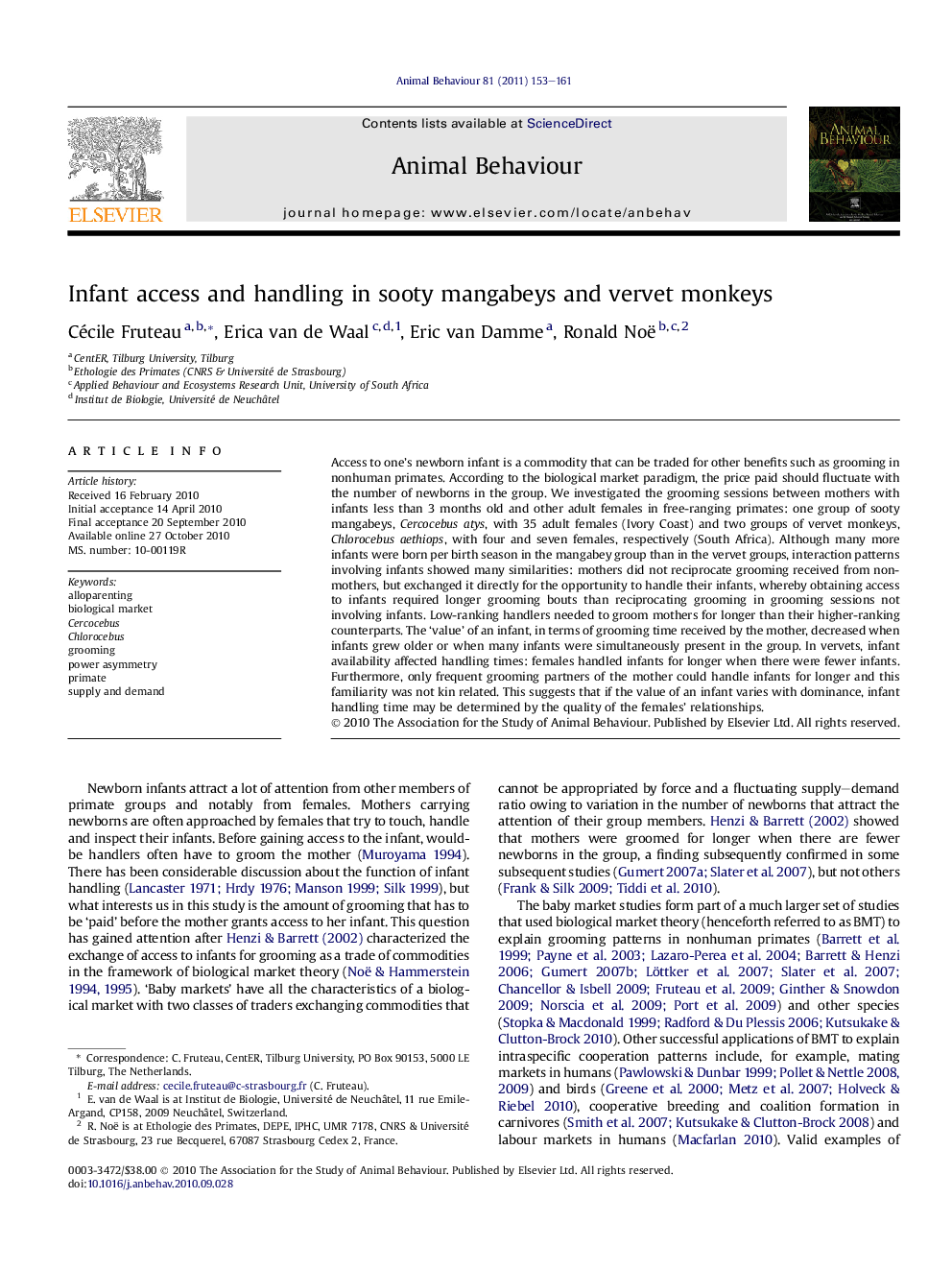 Infant access and handling in sooty mangabeys and vervet monkeys