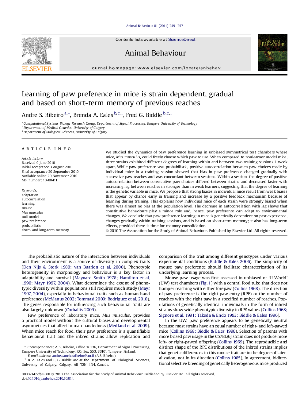 Learning of paw preference in mice is strain dependent, gradual and based on short-term memory of previous reaches