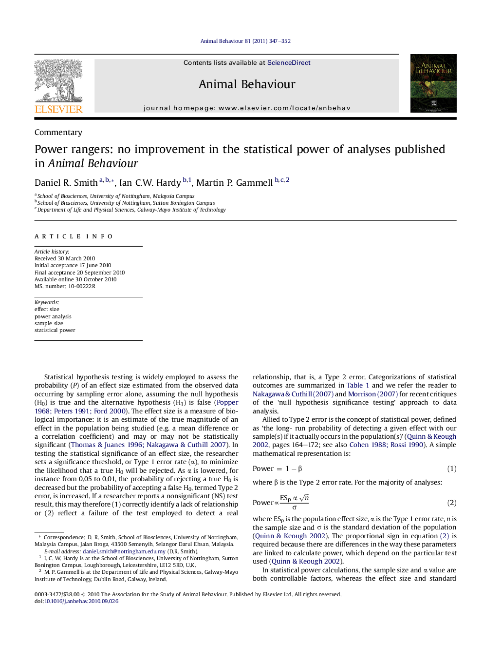 Power rangers: no improvement in the statistical power of analyses published in Animal Behaviour