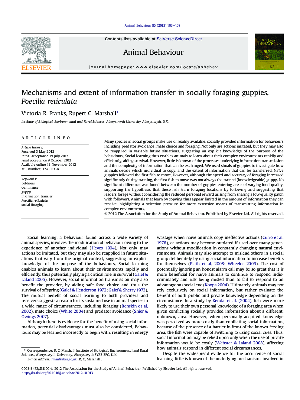 Mechanisms and extent of information transfer in socially foraging guppies, Poecilia reticulata