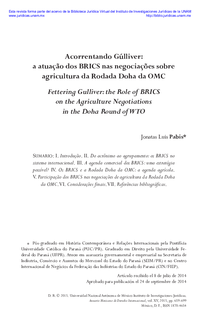 Acorrentando Gúlliver: a atuação dos brics nas negociações sobre agricultura da Rodada Doha da OMC