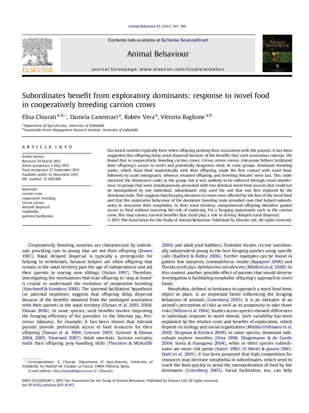 Subordinates benefit from exploratory dominants: response to novel food in cooperatively breeding carrion crows