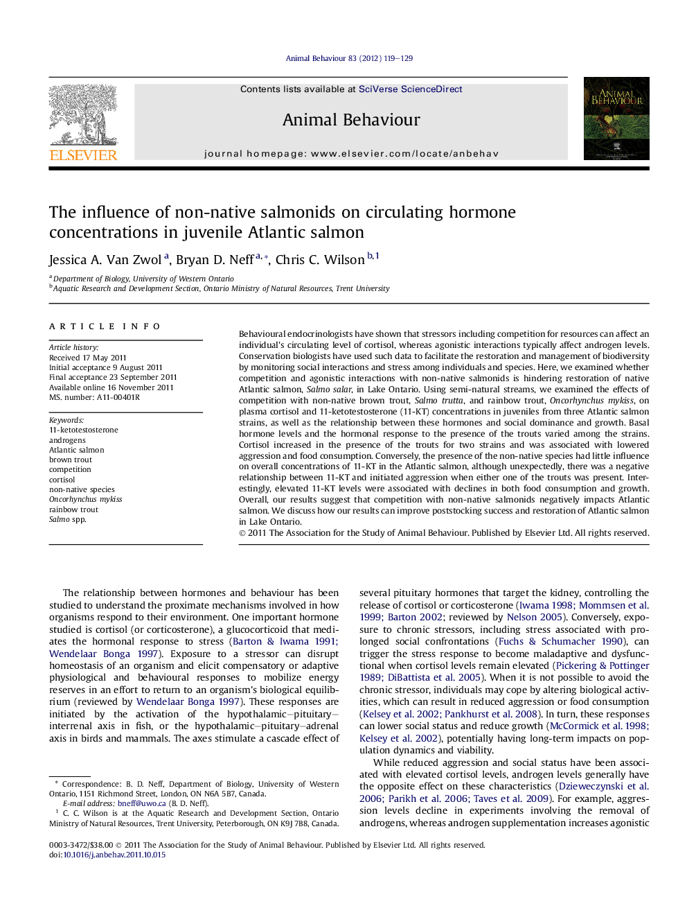 The influence of non-native salmonids on circulating hormone concentrations in juvenile Atlantic salmon