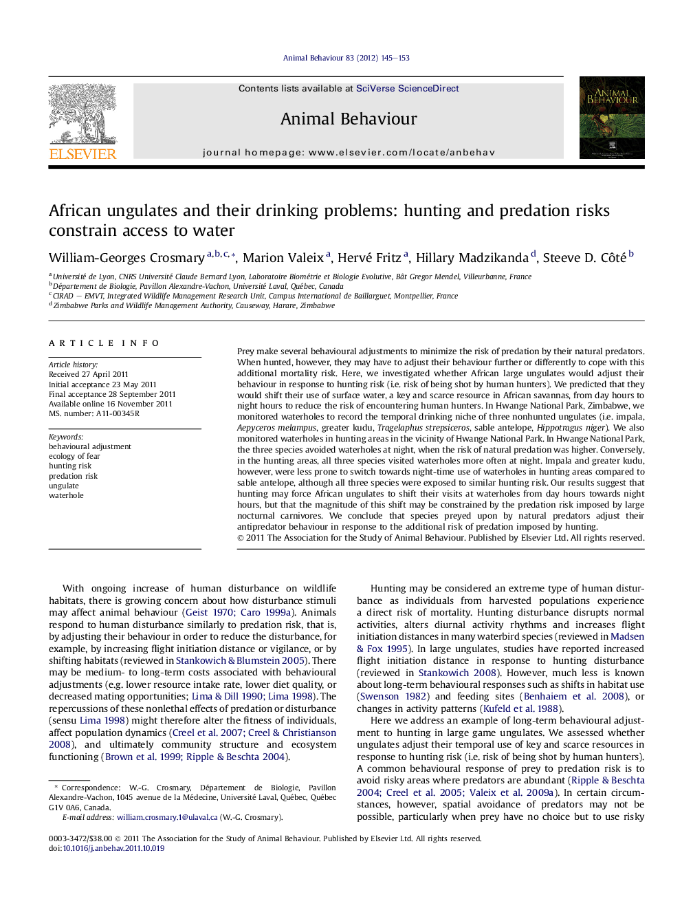 African ungulates and their drinking problems: hunting and predation risks constrain access to water