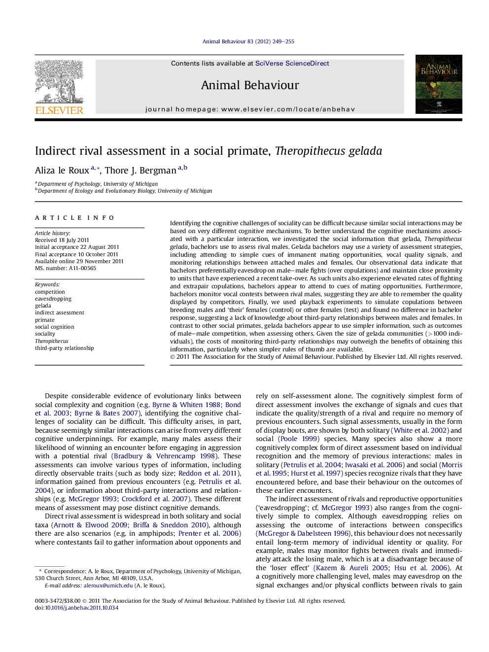 عکس صفحه اول مقاله: Indirect rival assessment in a social primate, Theropithecus gelada Indirect rival assessment in a social primate, Theropithecus gelada
