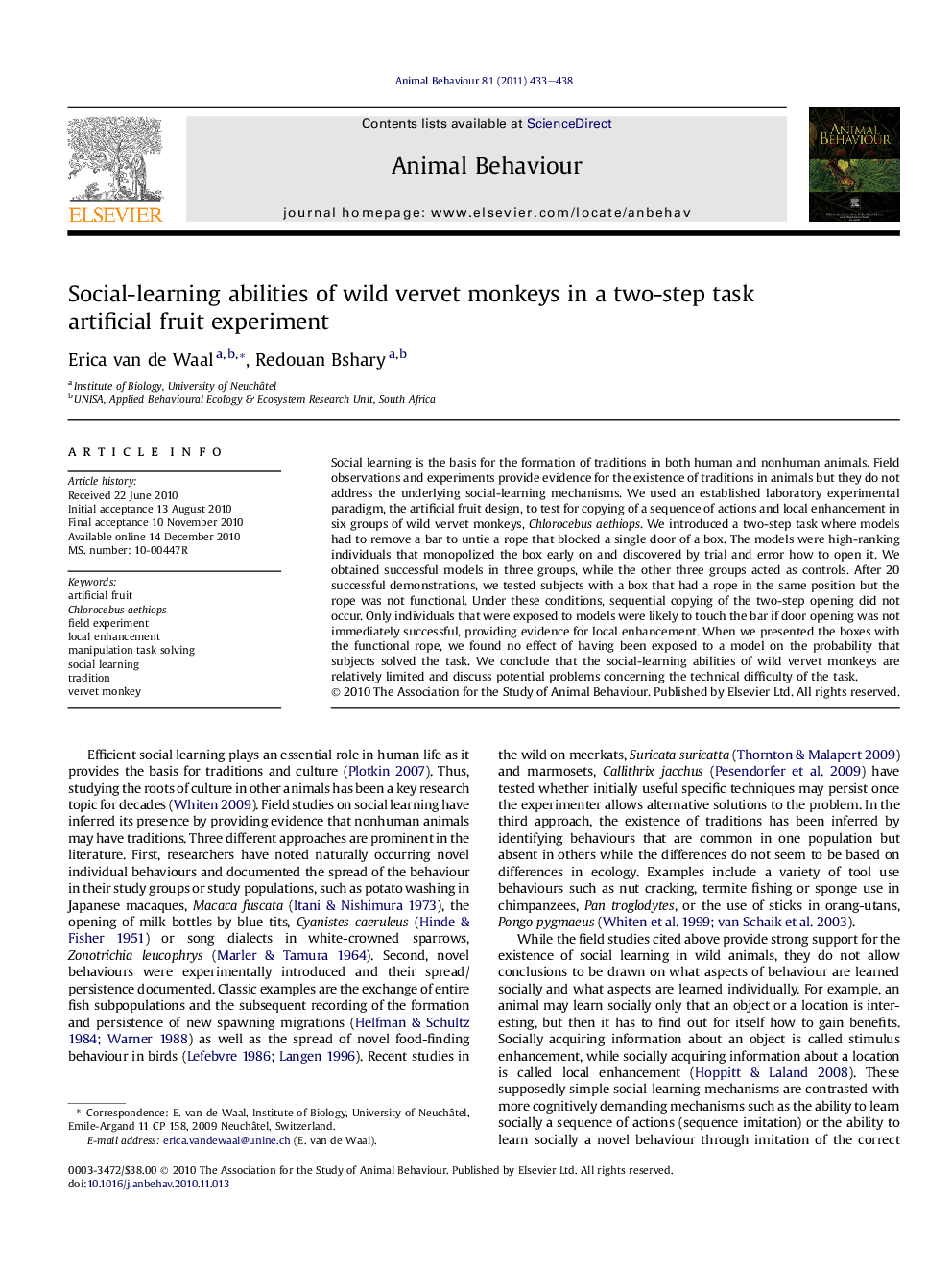 Social-learning abilities of wild vervet monkeys in a two-step task artificial fruit experiment