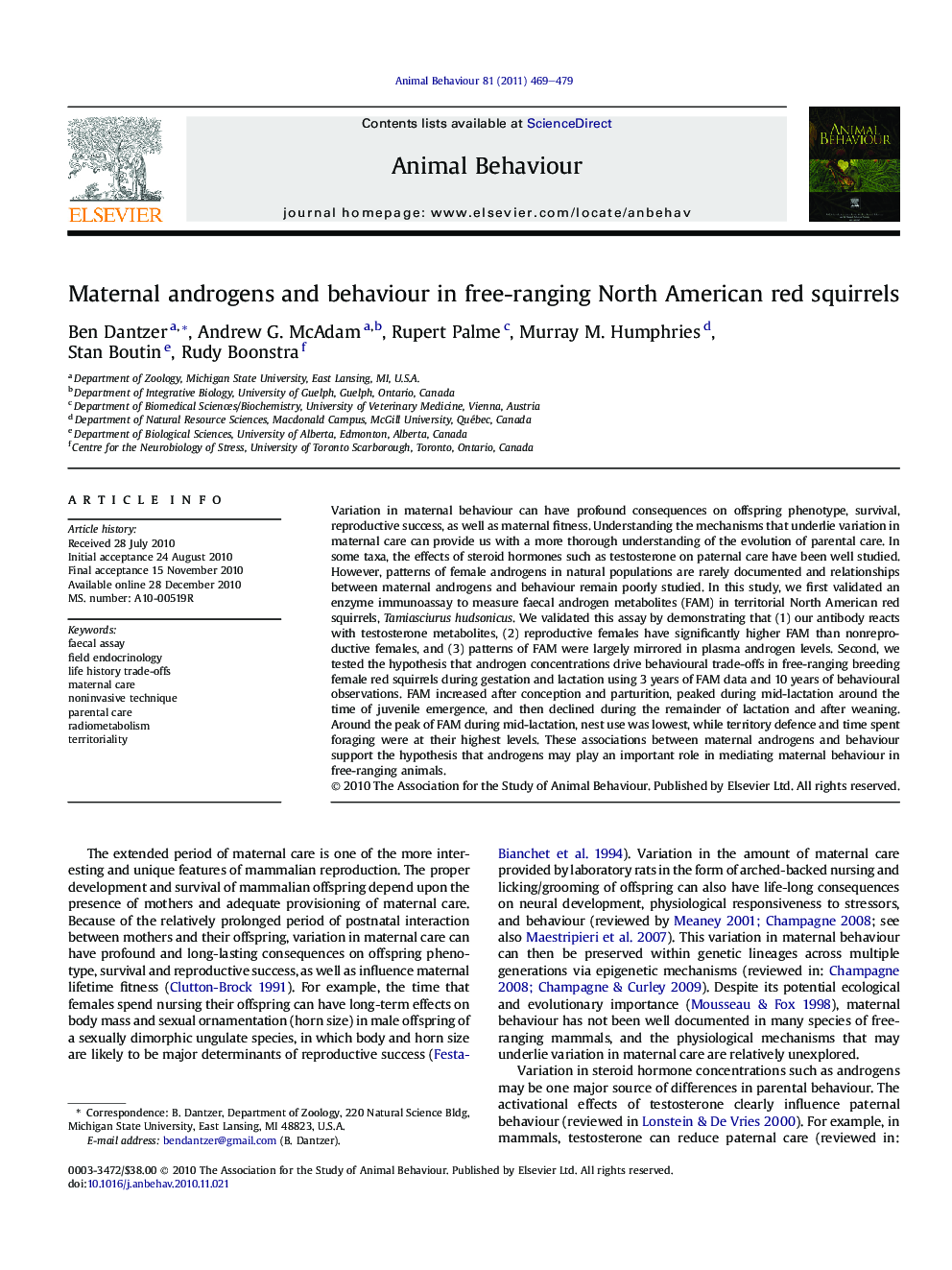 Maternal androgens and behaviour in free-ranging North American red squirrels