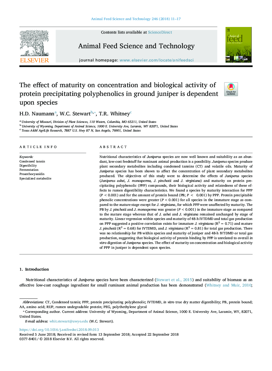 The effect of maturity on concentration and biological activity of protein precipitating polyphenolics in ground juniper is dependent upon species
