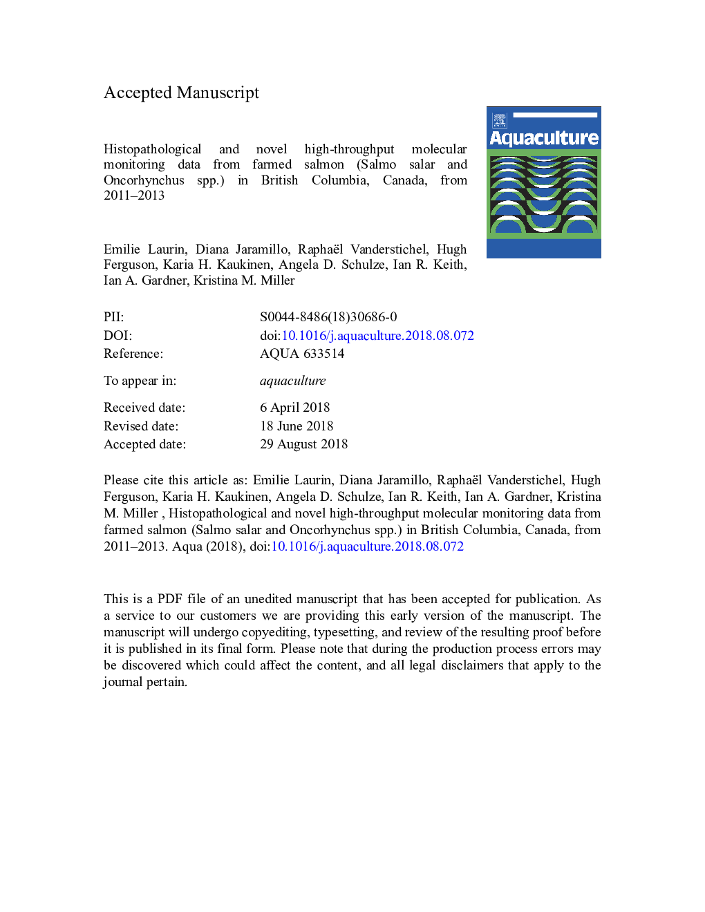 Histopathological and novel high-throughput molecular monitoring data from farmed salmon (Salmo salar and Oncorhynchus spp.) in British Columbia, Canada, from 2011-2013