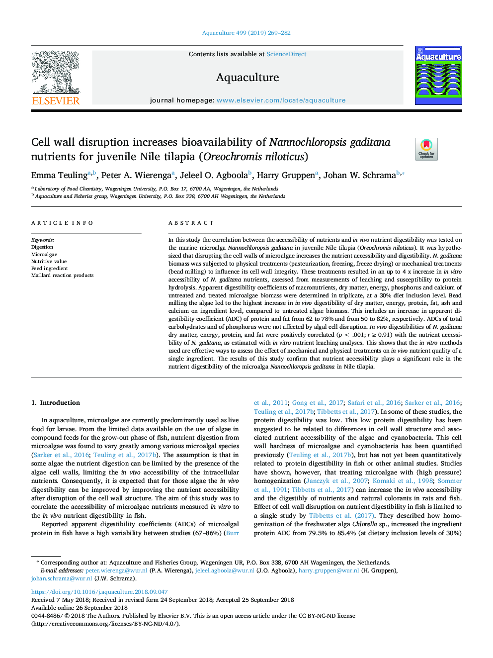 Cell wall disruption increases bioavailability of Nannochloropsis gaditana nutrients for juvenile Nile tilapia (Oreochromis niloticus)