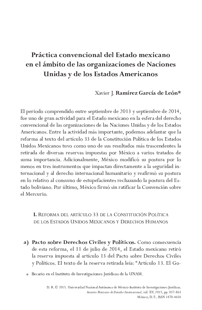 Práctica convencional del Estado mexicano en el ámbito de las organizaciones de Naciones Unidas y de los Estados Americanos