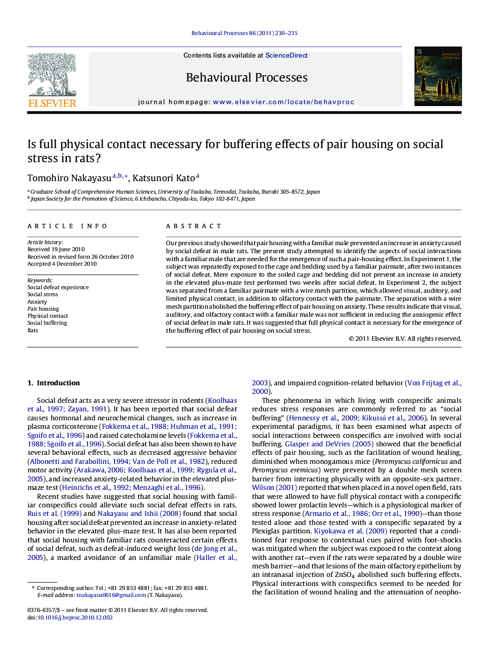 عکس صفحه اول مقاله: Is full physical contact necessary for buffering effects of pair housing on social stress in rats? Is full physical contact necessary for buffering effects of pair housing on social stress in rats?