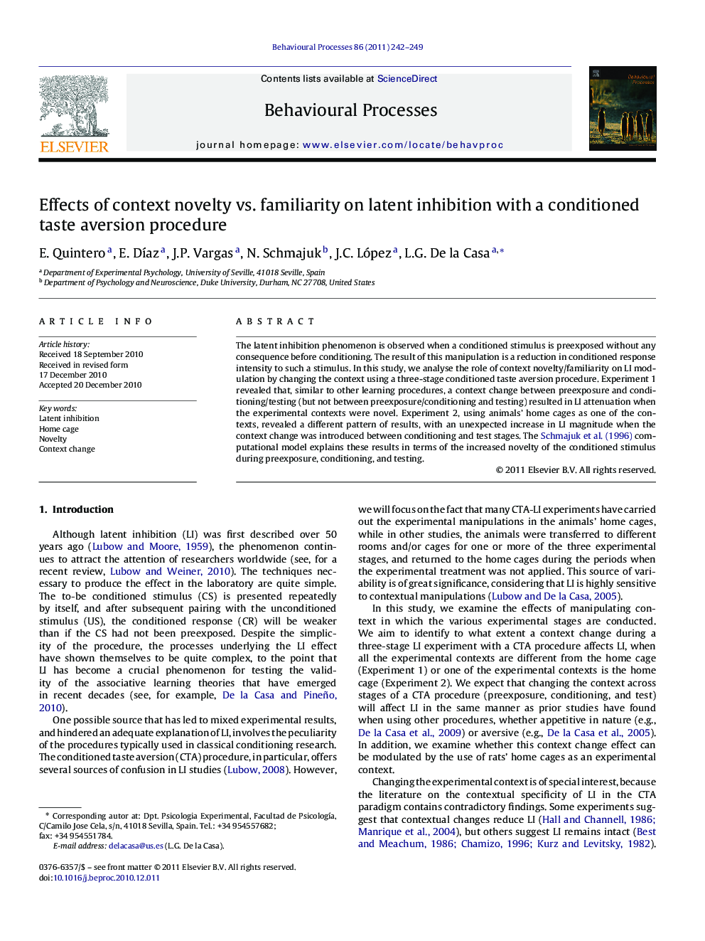 Effects of context novelty vs. familiarity on latent inhibition with a conditioned taste aversion procedure