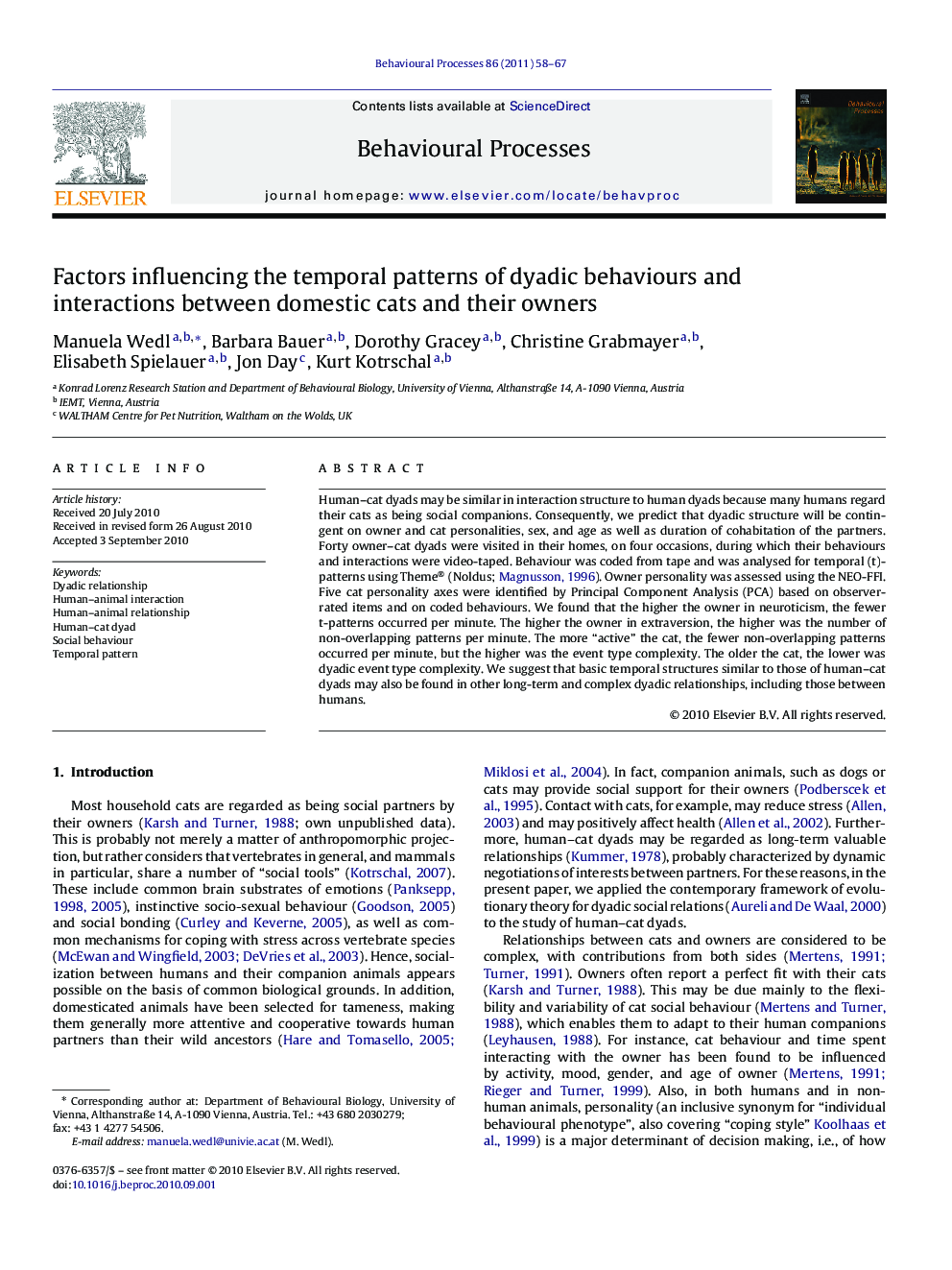 Factors influencing the temporal patterns of dyadic behaviours and interactions between domestic cats and their owners