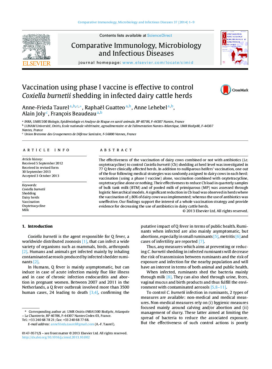 Vaccination using phase I vaccine is effective to control Coxiella burnetii shedding in infected dairy cattle herds
