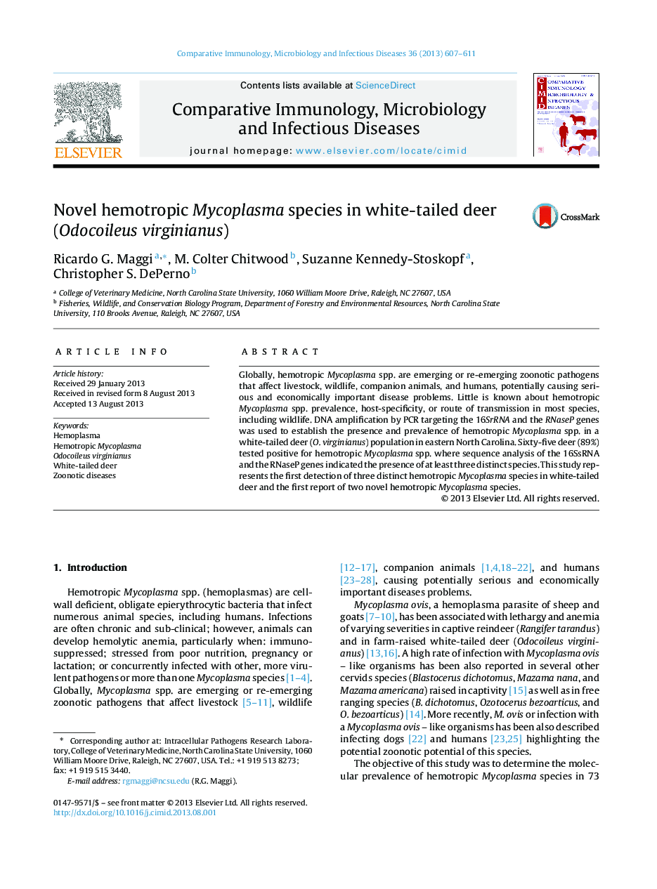 Novel hemotropic Mycoplasma species in white-tailed deer (Odocoileus virginianus)