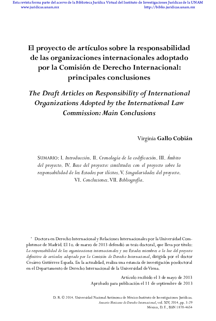 El proyecto de artículos sobre la responsabilidad de las organizaciones internacionales adoptado por la Comisión de Derecho Internacional: principales conclusiones