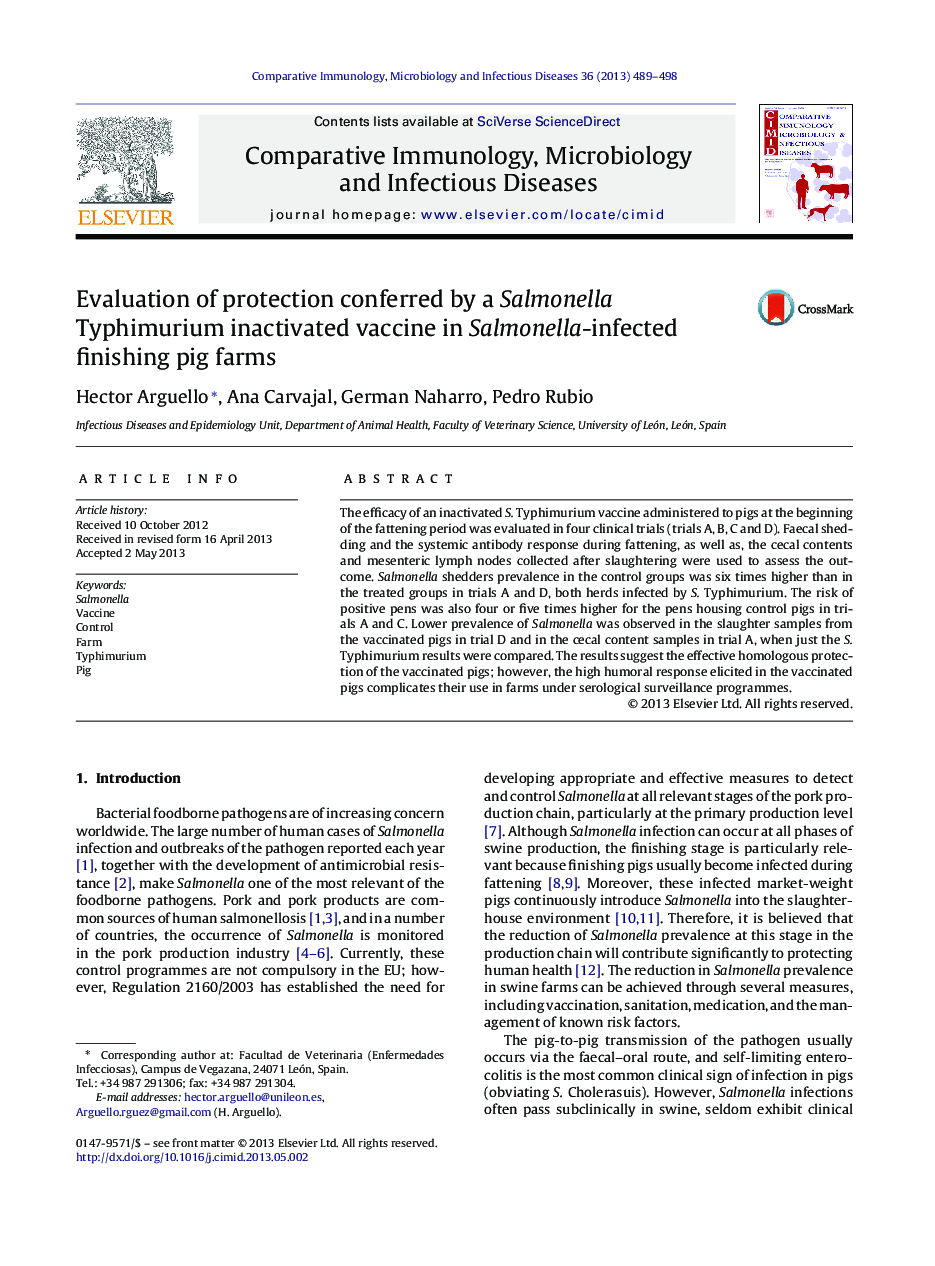 Evaluation of protection conferred by a Salmonella Typhimurium inactivated vaccine in Salmonella-infected finishing pig farms