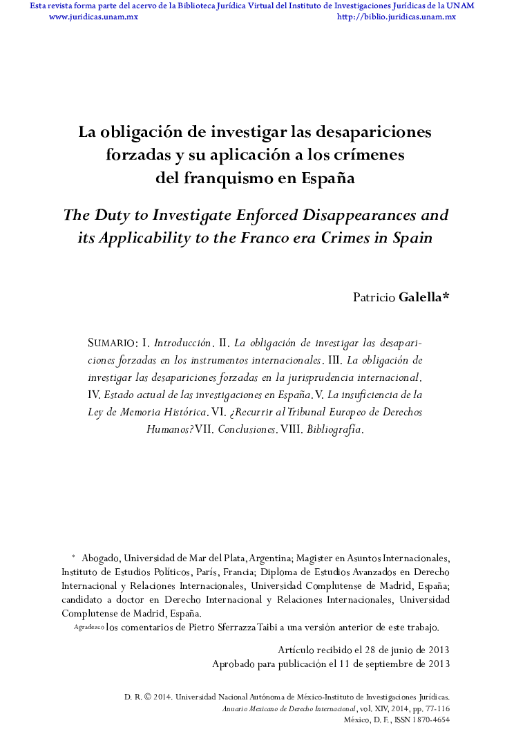 La obligación de investigar las desapariciones forzadas y su aplicación a los crímenes del franquismo en España