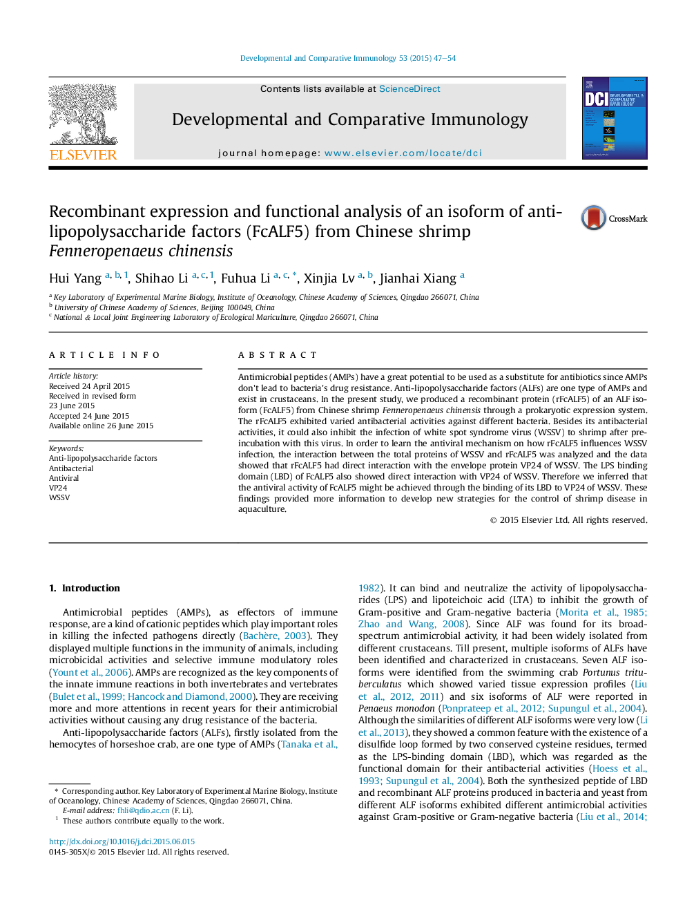 Recombinant expression and functional analysis of an isoform of anti-lipopolysaccharide factors (FcALF5) from Chinese shrimp Fenneropenaeus chinensis