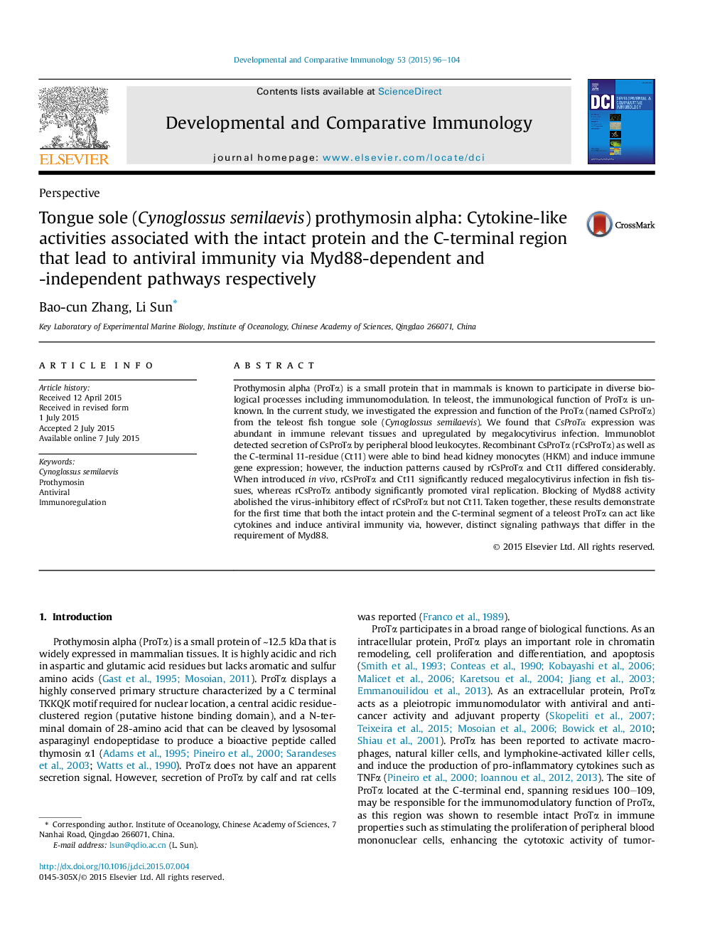 Tongue sole (Cynoglossus semilaevis) prothymosin alpha: Cytokine-like activities associated with the intact protein and the C-terminal region that lead to antiviral immunity via Myd88-dependent and -independent pathways respectively