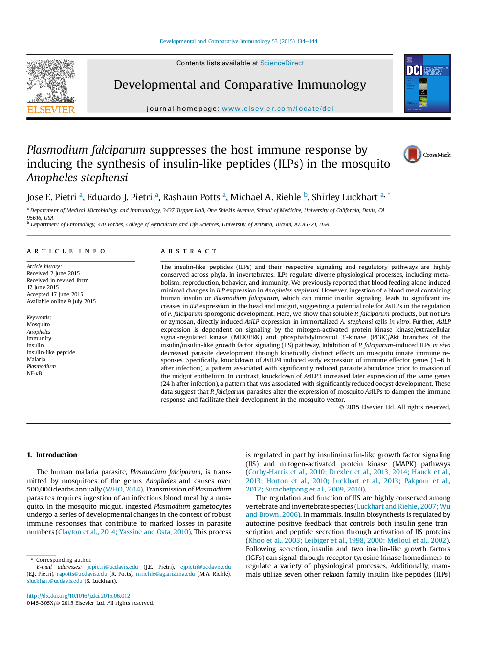 Plasmodium falciparum suppresses the host immune response by inducing the synthesis of insulin-like peptides (ILPs) in the mosquito Anopheles stephensi