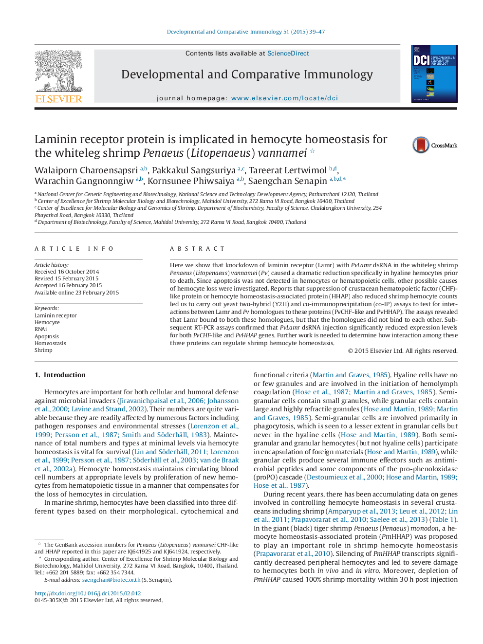 Laminin receptor protein is implicated in hemocyte homeostasis for the whiteleg shrimp Penaeus (Litopenaeus) vannamei