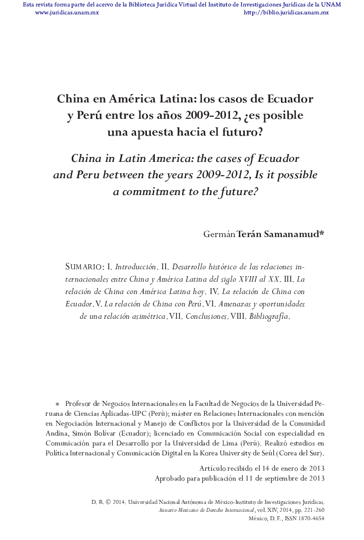 China en América Latina: los casos de Ecuador y Perú entre los años 2009-2012, ¿es posible una apuesta hacia el futuro?