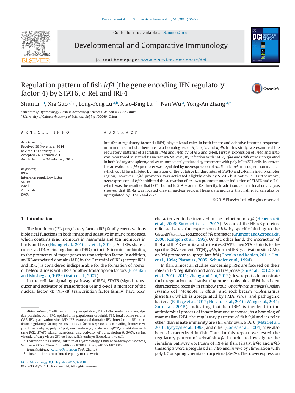 Regulation pattern of fish irf4 (the gene encoding IFN regulatory factor 4) by STAT6, c-Rel and IRF4