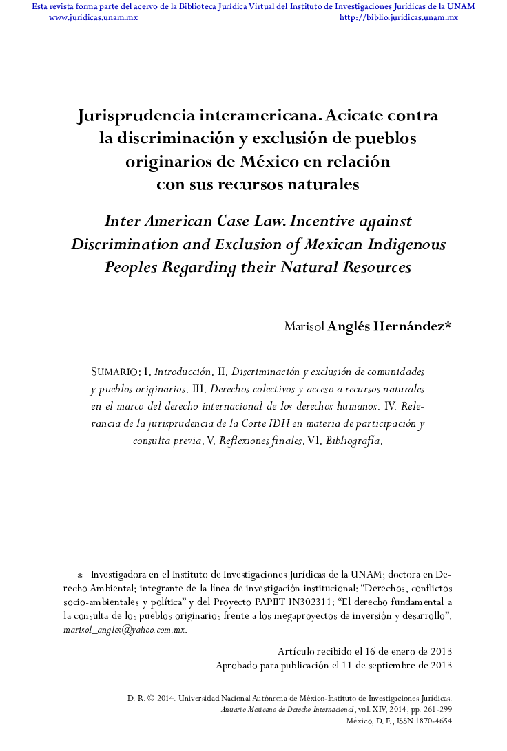 Jurisprudencia interamericana. Acicate contra la discriminación y exclusión de pueblos originarios de México en relación con sus recursos naturales