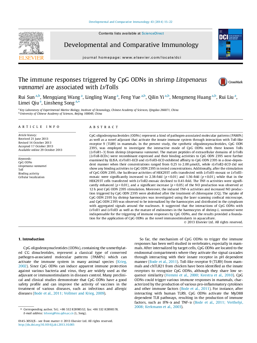 The immune responses triggered by CpG ODNs in shrimp Litopenaeus vannamei are associated with LvTolls