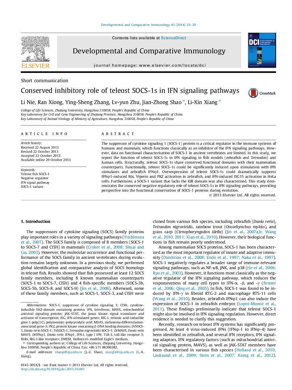 Conserved inhibitory role of teleost SOCS-1s in IFN signaling pathways