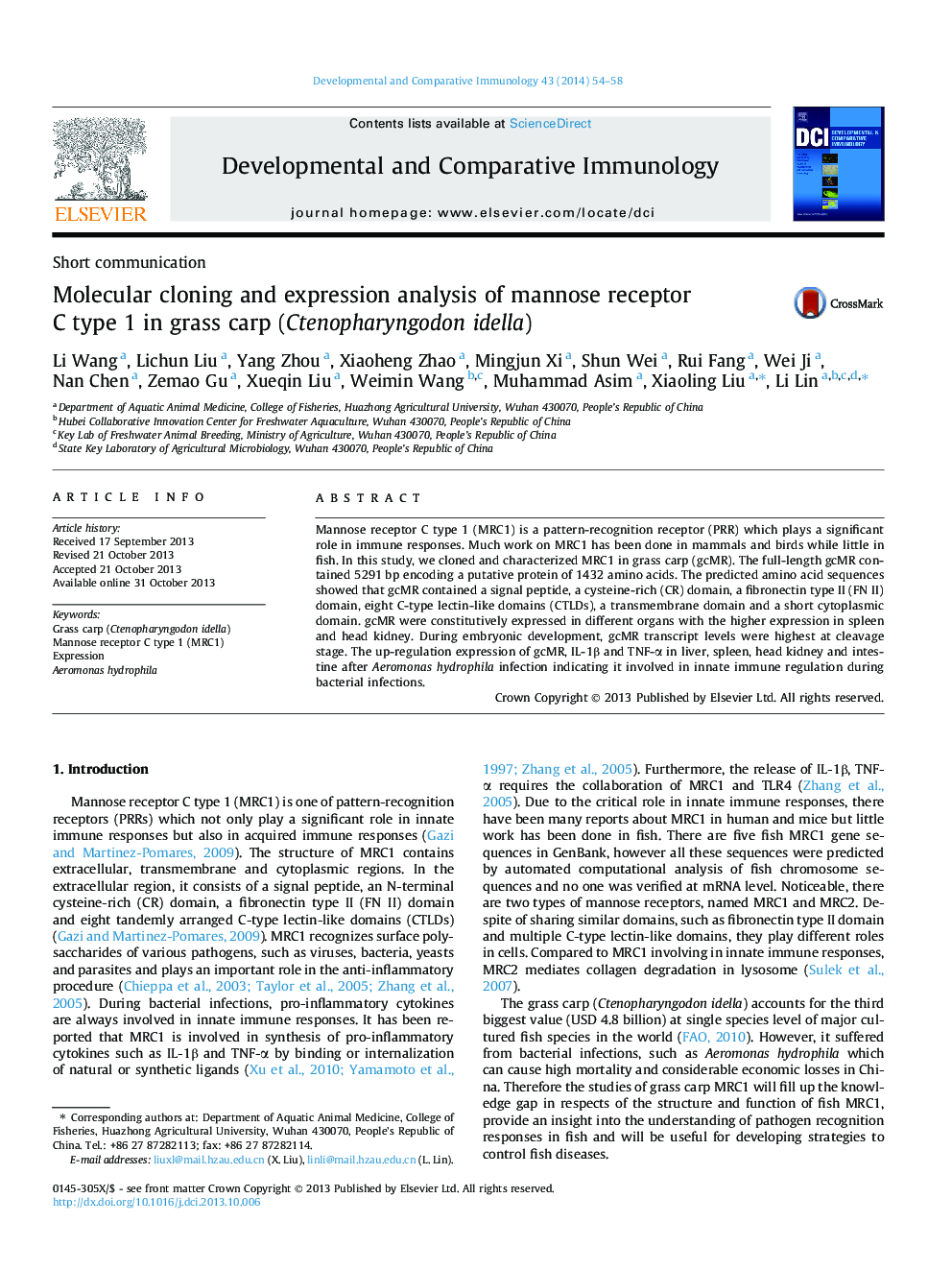 Molecular cloning and expression analysis of mannose receptor C type 1 in grass carp (Ctenopharyngodon idella)