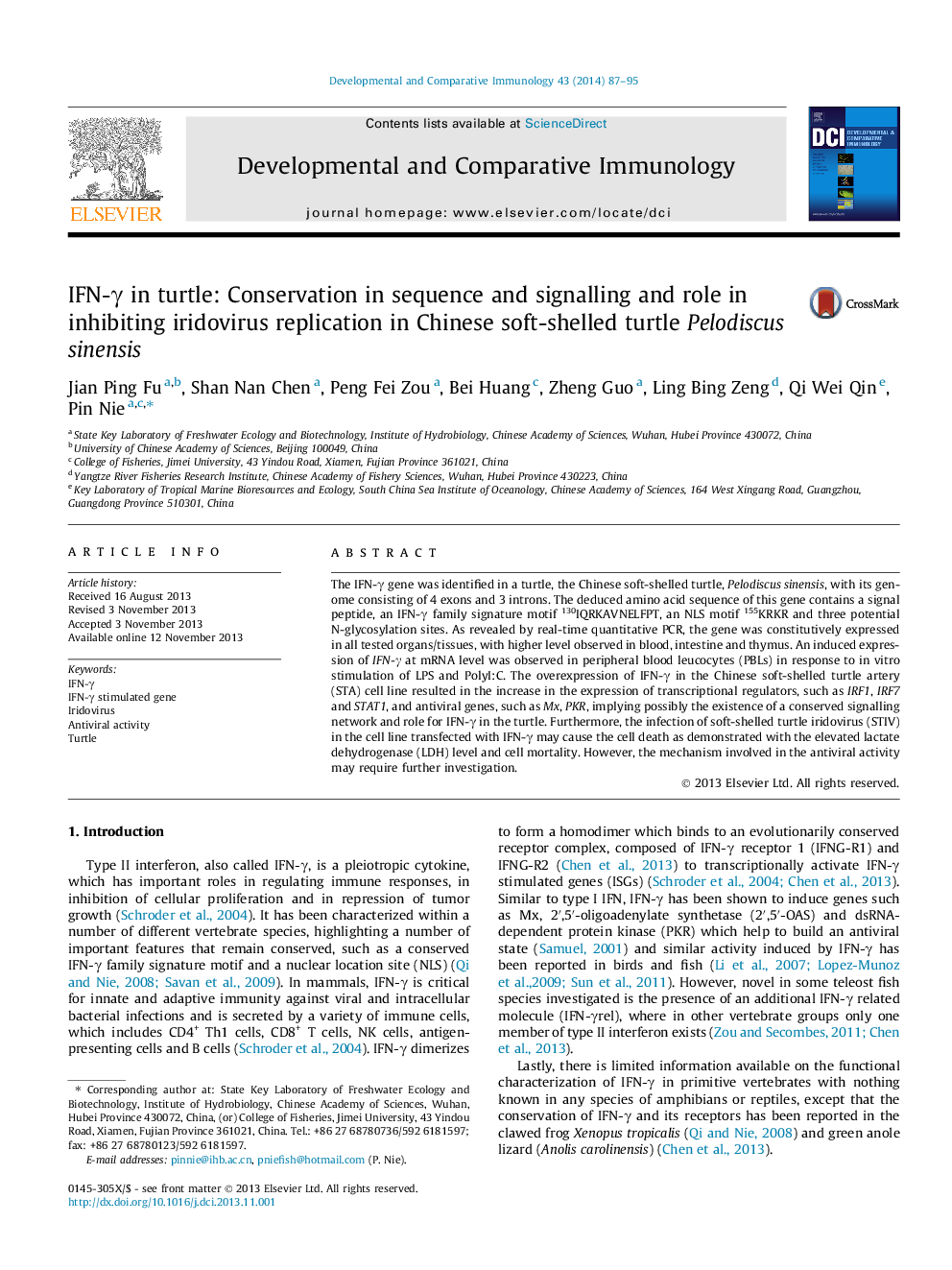 عکس صفحه اول مقاله: IFN-γ in turtle: Conservation in sequence and signalling and role in inhibiting iridovirus replication in Chinese soft-shelled turtle Pelodiscus sinensis IFN-γ in turtle: Conservation in sequence and signalling and role in inhibiting iridovirus replication in Chinese soft-shelled turtle Pelodiscus sinensis