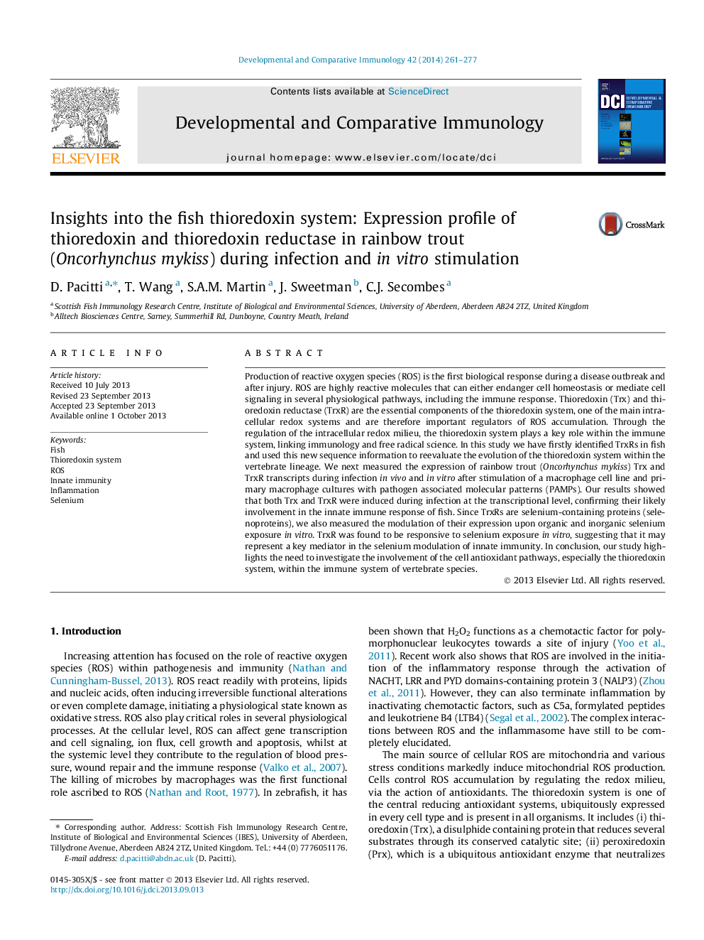 Insights into the fish thioredoxin system: Expression profile of thioredoxin and thioredoxin reductase in rainbow trout (Oncorhynchus mykiss) during infection and in vitro stimulation