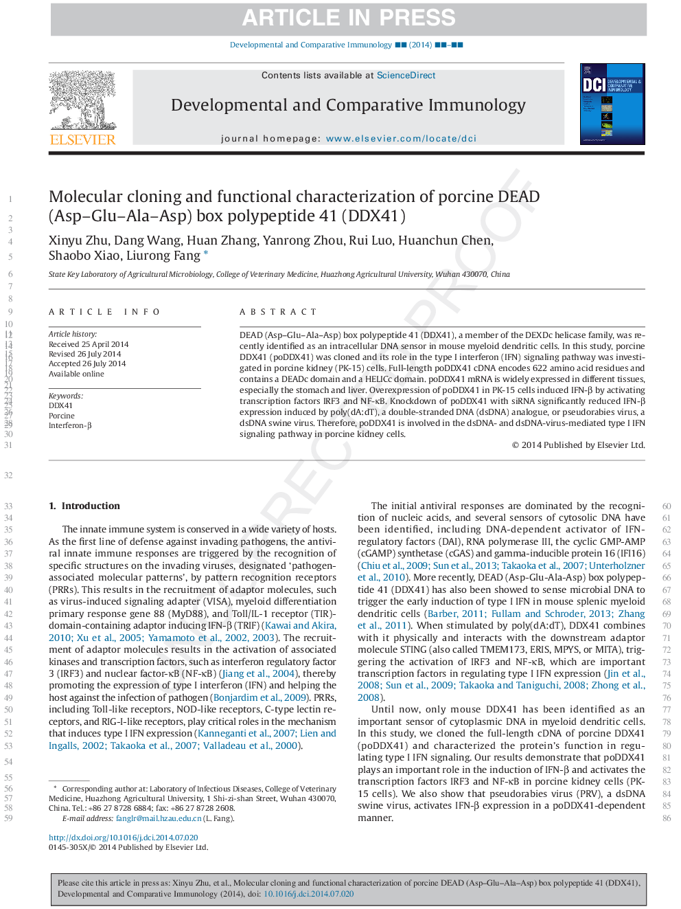 Molecular cloning and functional characterization of porcine DEAD (Asp-Glu-Ala-Asp) box polypeptide 41 (DDX41)