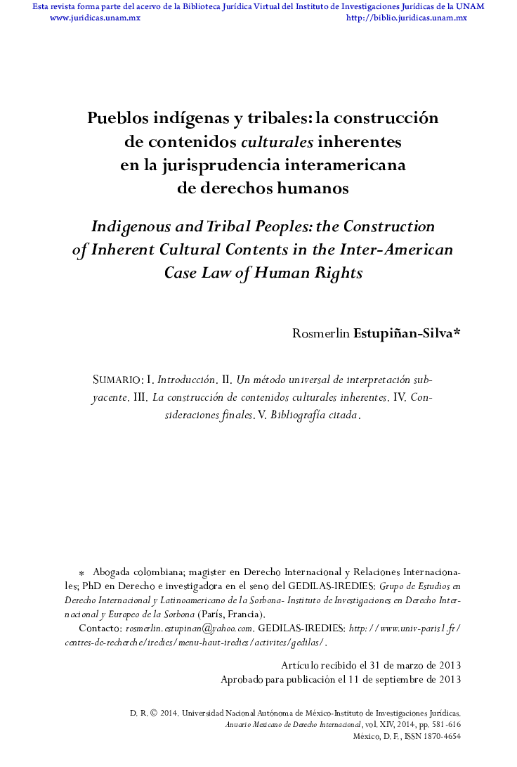 Pueblos indígenas y tribales: la construcción de contenidos culturales inherentes en la jurisprudencia interamericana de derechos humanos