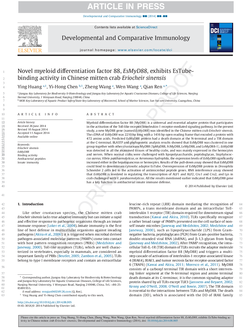 Novel myeloid differentiation factor 88, EsMyD88, exhibits EsTube-binding activity in Chinese mitten crab Eriocheir sinensis