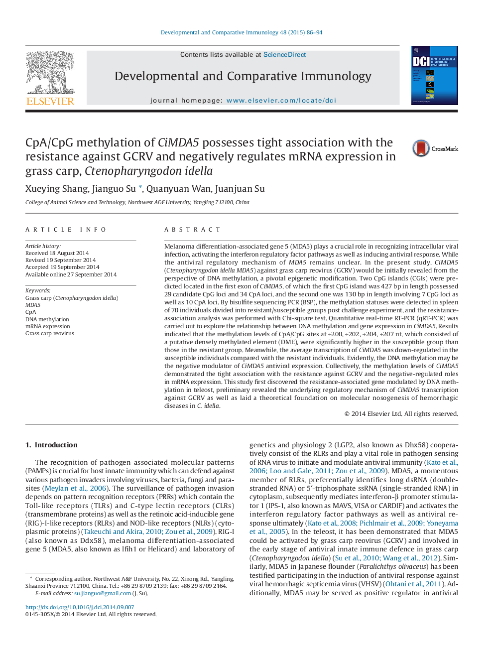 CpA/CpG methylation of CiMDA5 possesses tight association with the resistance against GCRV and negatively regulates mRNA expression in grass carp, Ctenopharyngodon idella