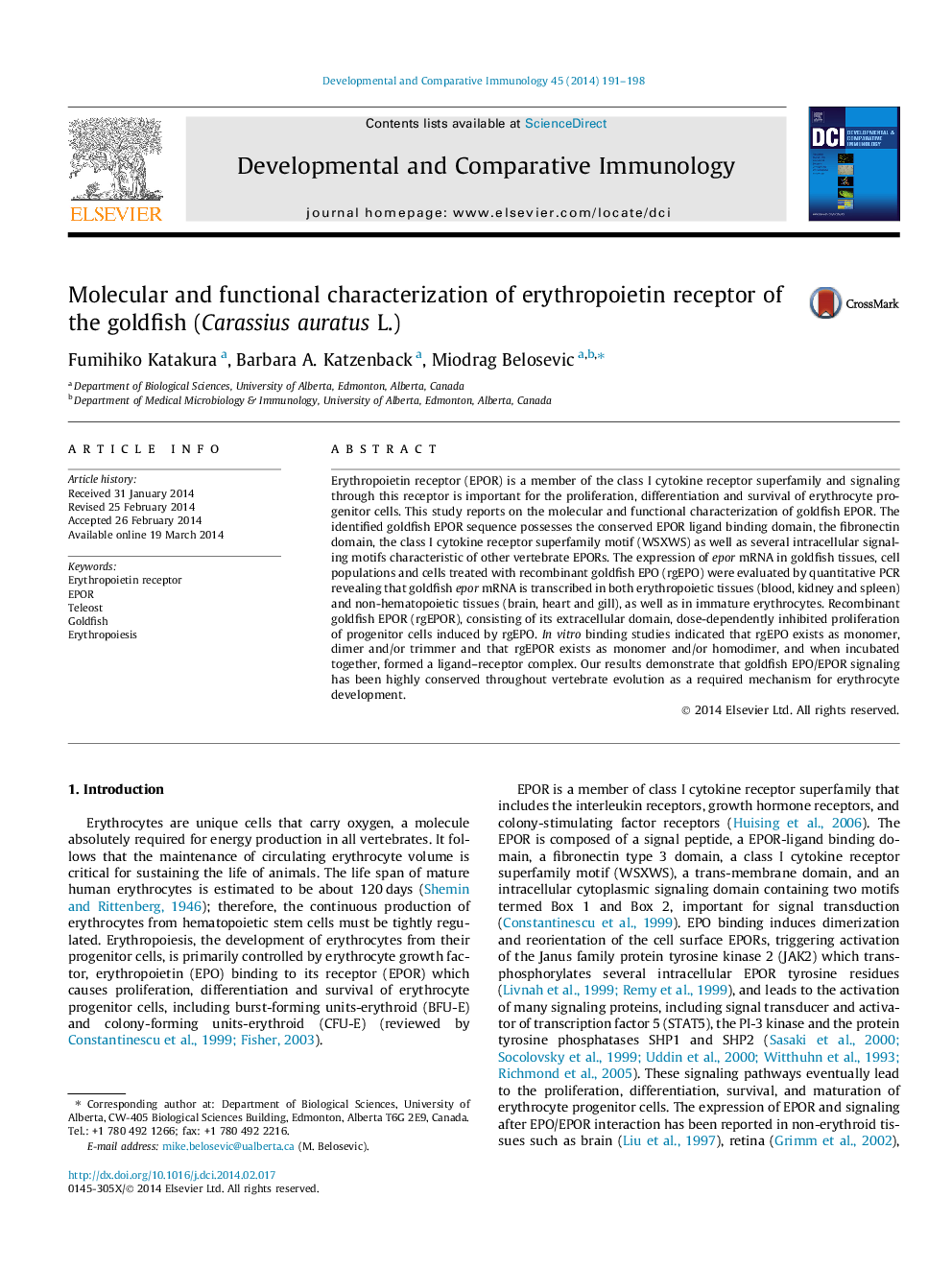 Molecular and functional characterization of erythropoietin receptor of the goldfish (Carassius auratus L.)