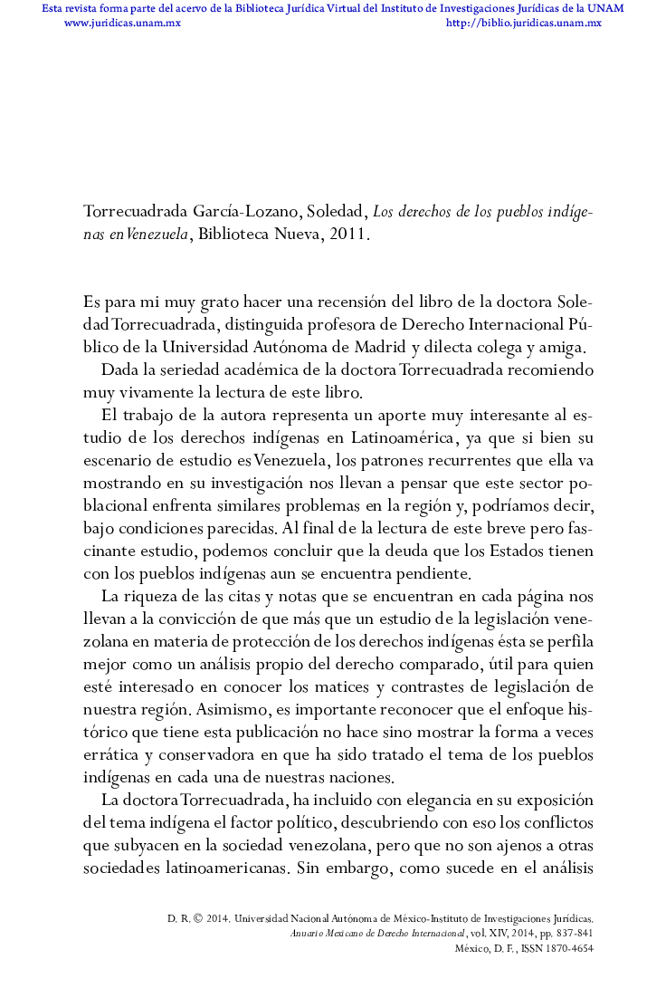 Torrecuadrada GarcÃ­a-Lozano, Soledad, Los derechos de los pueblos indÃ­genas en Venezuela, Biblioteca Nueva, 2011