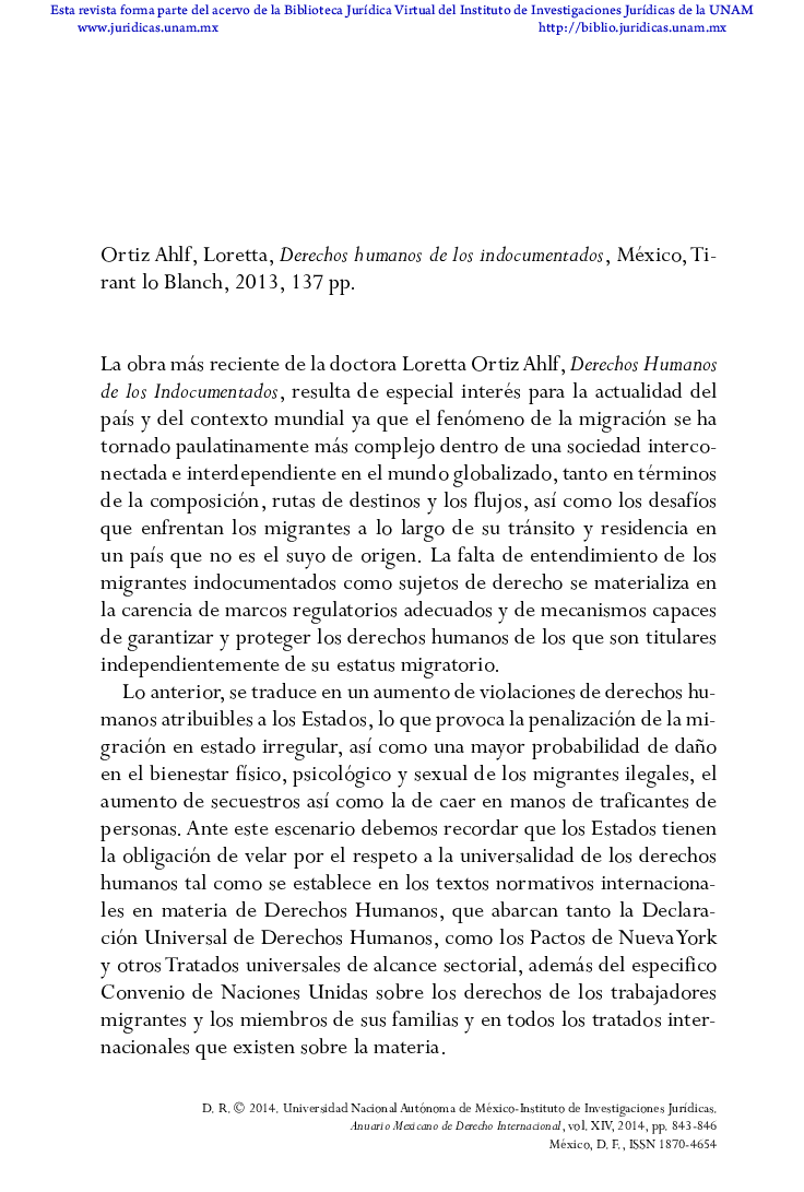 Ortiz Ahlf, Loretta, Derechos humanos de los indocumentados, México, Tirant lo Blanch, 2013, 137 pp