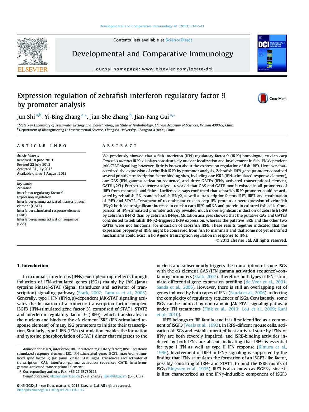 Expression regulation of zebrafish interferon regulatory factor 9 by promoter analysis