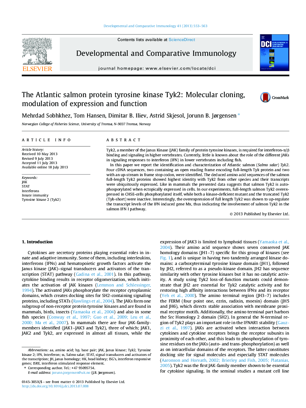 The Atlantic salmon protein tyrosine kinase Tyk2: Molecular cloning, modulation of expression and function