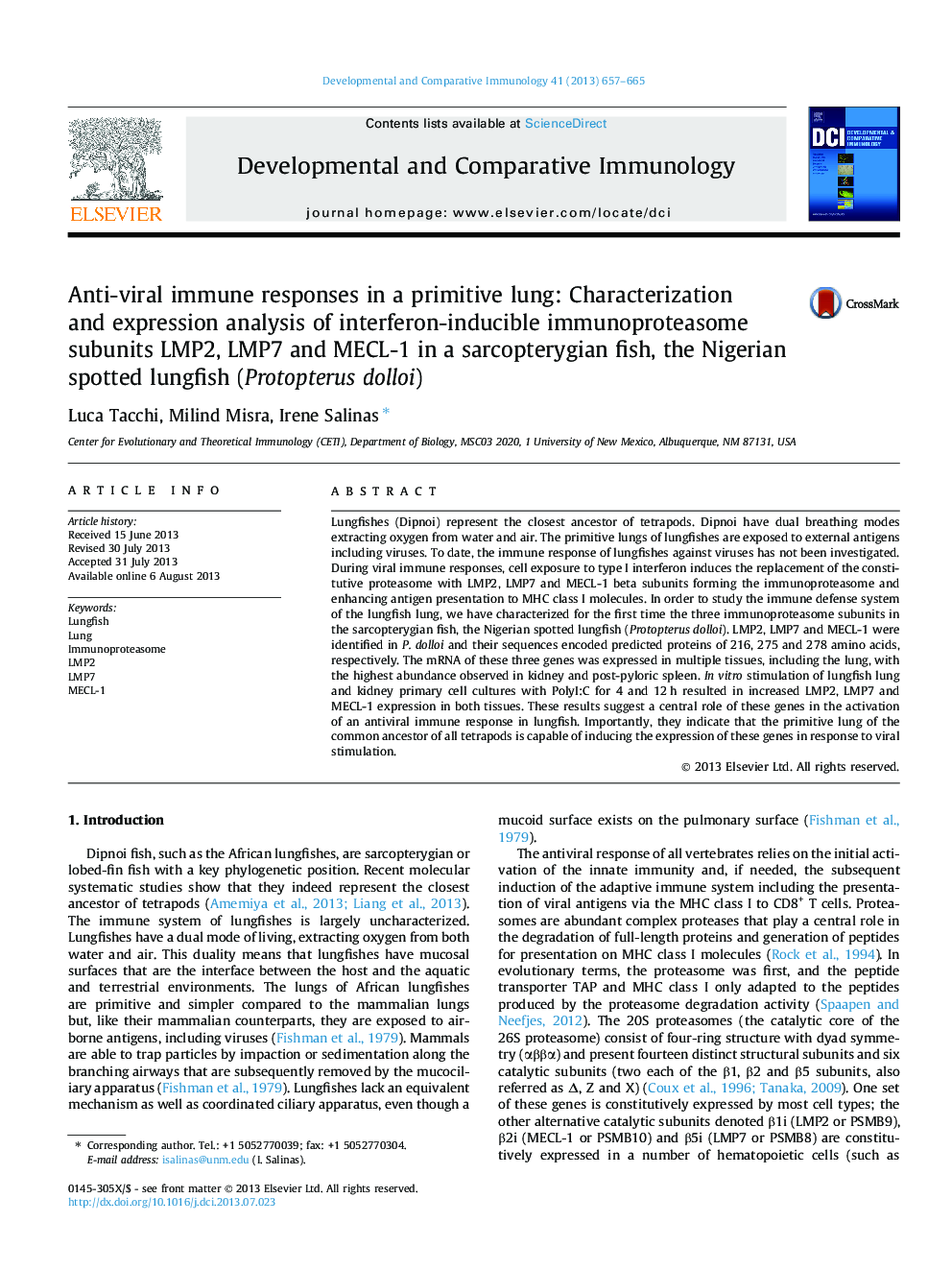 Anti-viral immune responses in a primitive lung: Characterization and expression analysis of interferon-inducible immunoproteasome subunits LMP2, LMP7 and MECL-1 in a sarcopterygian fish, the Nigerian spotted lungfish (Protopterus dolloi)