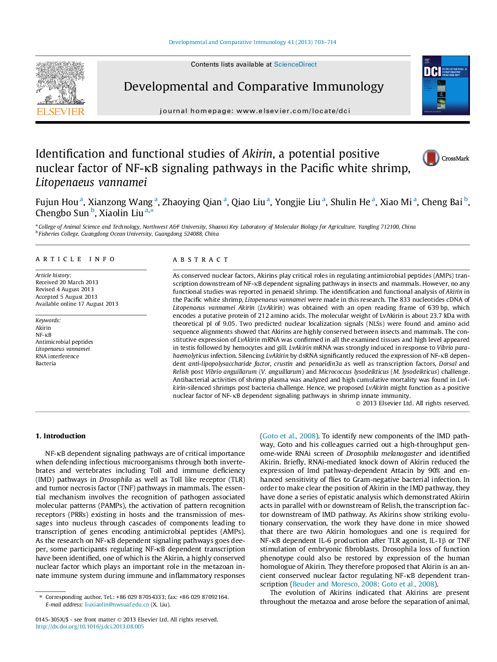 Identification and functional studies of Akirin, a potential positive nuclear factor of NF-ÎºB signaling pathways in the Pacific white shrimp, Litopenaeus vannamei