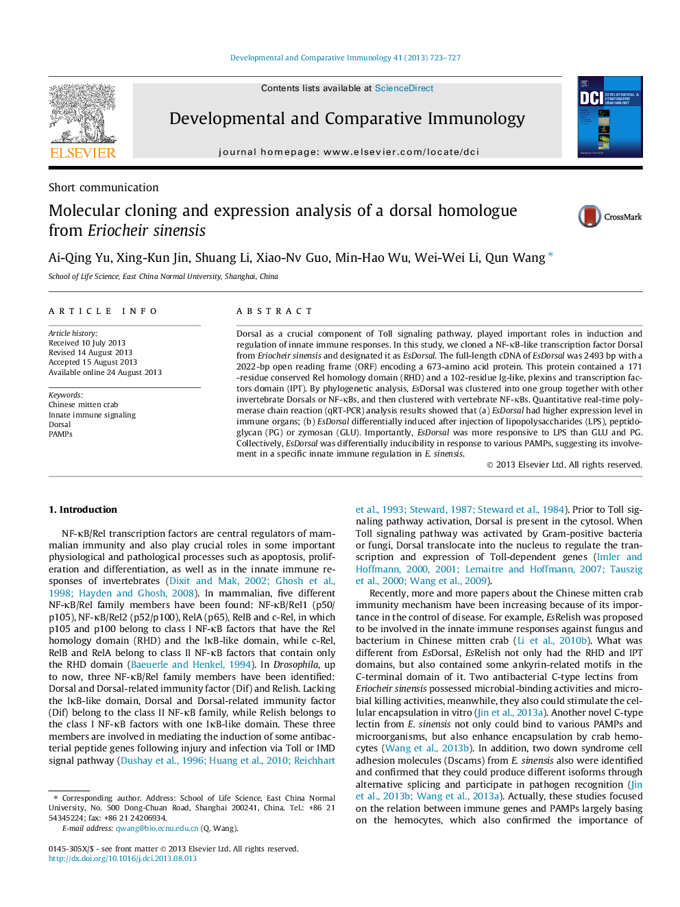 Molecular cloning and expression analysis of a dorsal homologue from Eriocheir sinensis