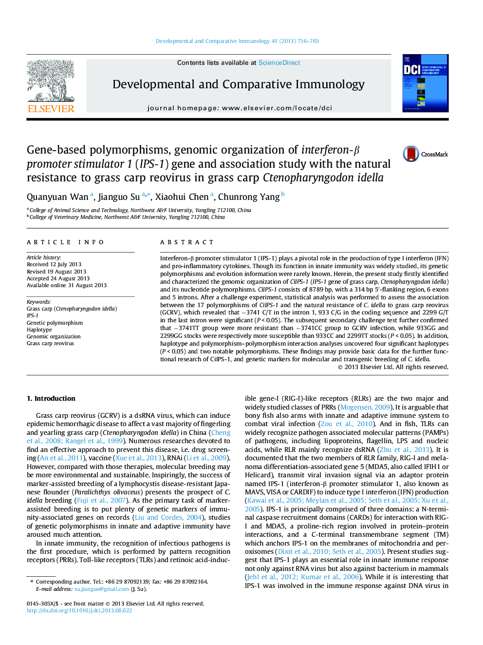 Gene-based polymorphisms, genomic organization of interferon-Î² promoter stimulator 1 (IPS-1) gene and association study with the natural resistance to grass carp reovirus in grass carp Ctenopharyngodon idella