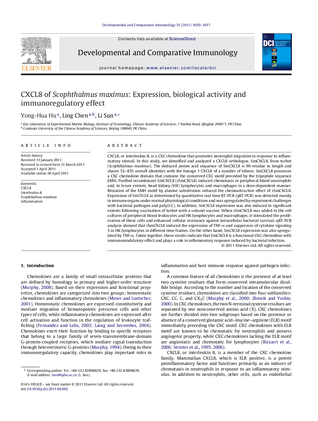 CXCL8 of Scophthalmus maximus: Expression, biological activity and immunoregulatory effect